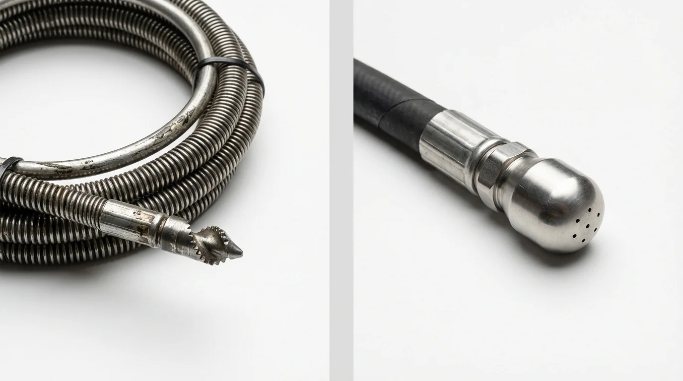 Drain snake cable and hydro jetting nozzle used for drain cleaning in Cloverdale, IN